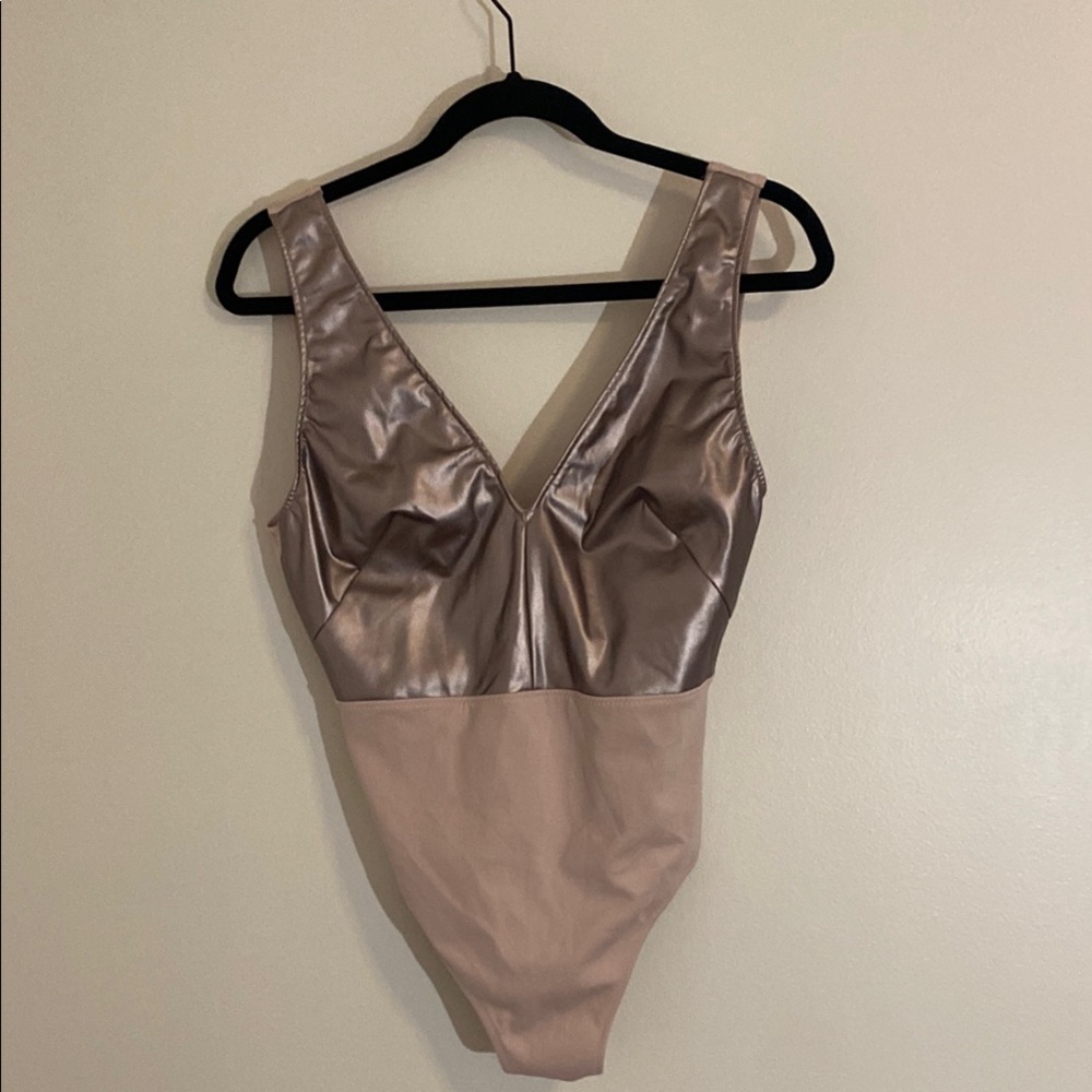 SHAN Eva Plunging Metallic One-Piece Swimsuit Rose Gold Sz 10